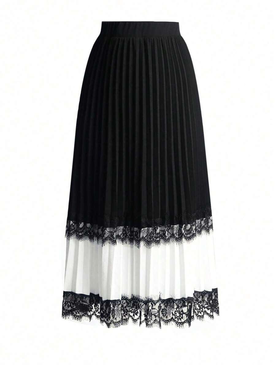 Plus Size Women's Splicing Lace Pleated Skirt - Black and White - View 1