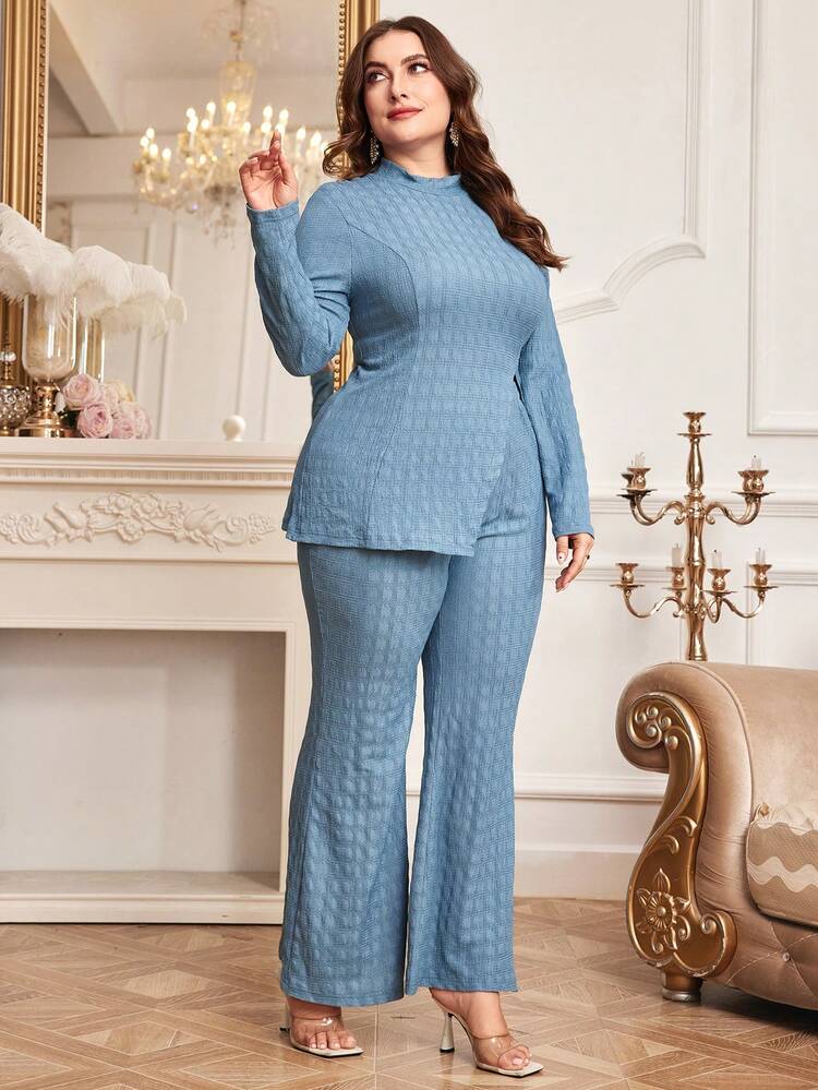 Plus Size Women's Long Sleeve Top With Split Hem And Pants Two-Piece Set 2 Pieces Set Fall Cloth For Women