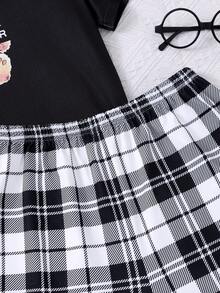 SHEIN Teen Girl Knitted Teddy Short Sleeve T-Shirt And Plaid Shorts Homewear Set - Black and White - View 5