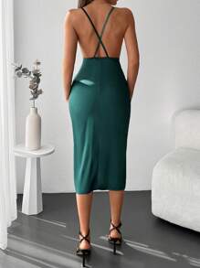 RueChic Solid Split Thigh Cami Dress - Dark Green - View 2