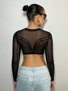 SHEIN ICON Sheer Mesh Top Decorated With Silver Thread Accessories For Women - Black - View 2