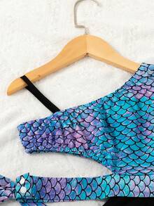 SHEIN 彩色不對稱人魚鱗片印花長袖上衣和喇叭褲年輕女孩休閒2件套裝 - 彩色 - 查看 5