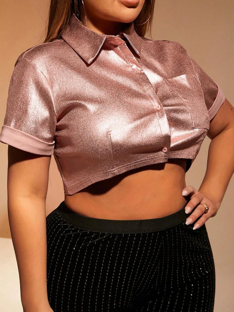 Button Front Crop Metallic Blouse