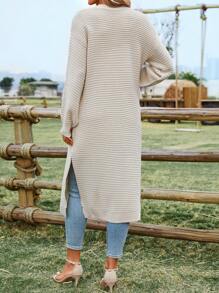 SHEIN Clasi 女士純色下肩長版針織開襟外套 - 杏色 - 查看 2