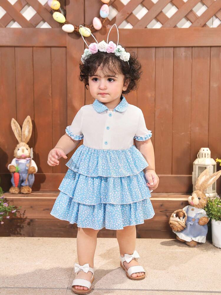 Baby Girl Casual And Lovely Color Block Peter Pan Collar Short Sleeve Layered Dress