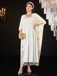 Al Najma 女款純色細肩帶洋裝搭配金箔印花外套 2件組套裝 - 白色 - 查看 4