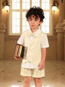 SHEIN Young Boy Gentleman 3-Piece Suit Set: Textured Waistcoat, Jacket + Shorts Trousers, Luxury & Elegant For Birthday Party, Gala, Wedding, Christening, Anniversary