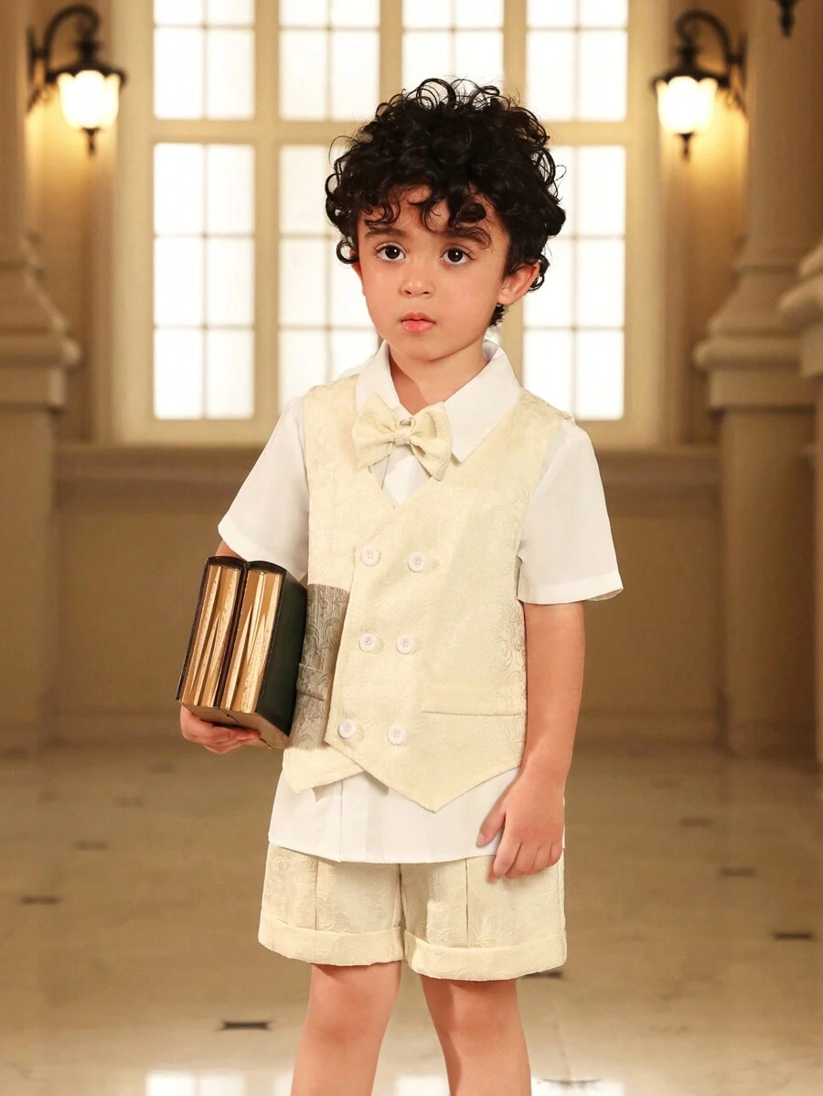 SHEIN Young Boy Gentleman 3-Piece Suit Set: Textured Waistcoat, Jacket + Shorts Trousers, Luxury & Elegant For Birthday Party, Gala, Wedding, Christening, Anniversary