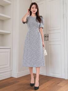 DAZY 女用格紋圓領短泡泡袖泡泡洋裝 - 灰色 - 查看 5