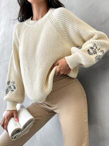 EURMUSE Women's Long Raglan Sleeve Floral Embroidery Round Neck Sweater - Beige - View 4