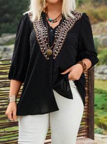 Kích thước lớn Của phụ nữ Thêu 3/4 tay áo Áo sơ mi - màu đen - Xem 3