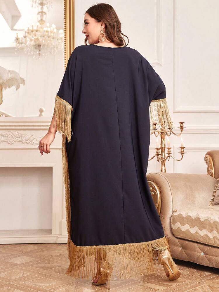 Plus Size Water Soluble Lace Patchwork Fringe Decor Batwing Sleeve Dress Kaftan Jalabiya Dress