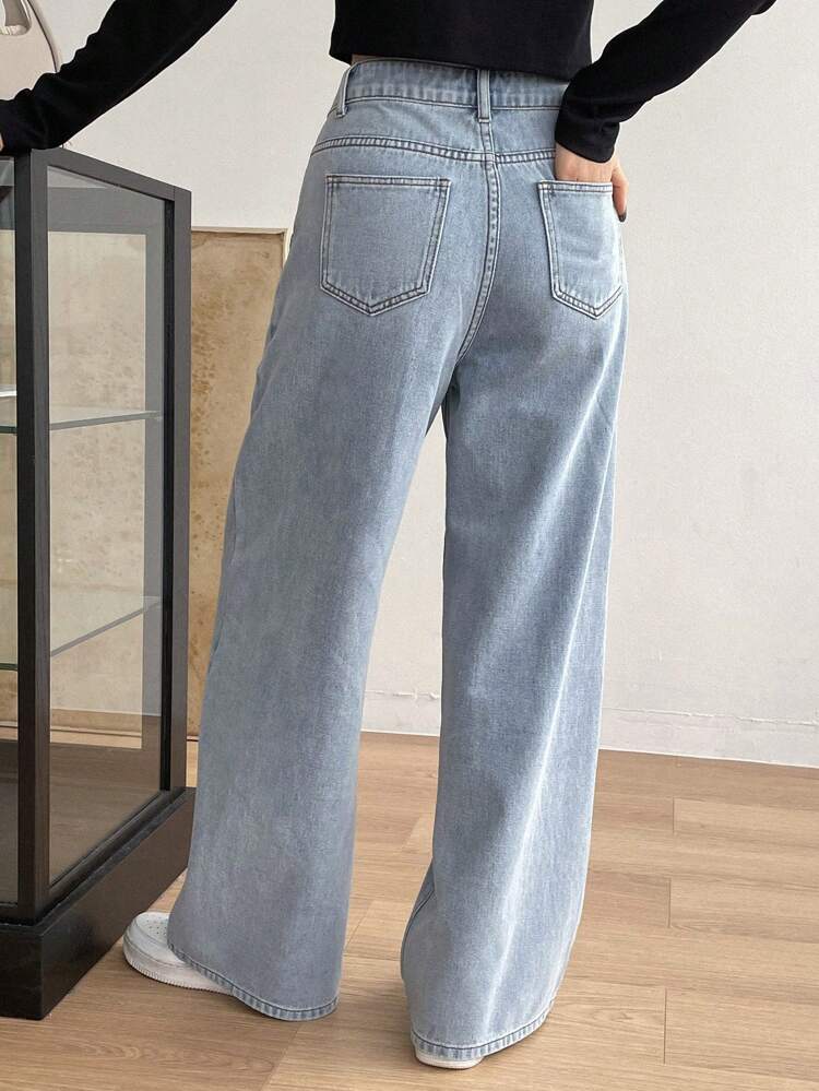 Solid Color Denim Pants With Slanted Pockets Women Jeans