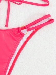 SHEIN Swim 玫红色pu性感两件套比基尼套装交叉比基尼套装泳装泳衣沙滩装夏日度假夏日海滩 - 玫紅色 - 查看 5