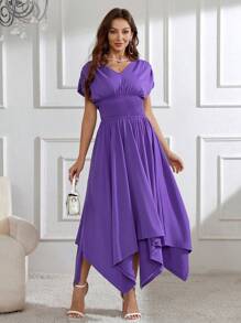 Modelyn Ladies' Short Sleeve Pleated Waist A-Line Dress Long Evening Dresses - Purple - View 4