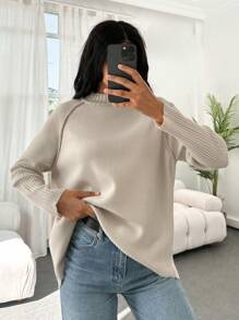 EURMUSE Mock Neck Raglan Sleeve Sweater - Beige - View 3