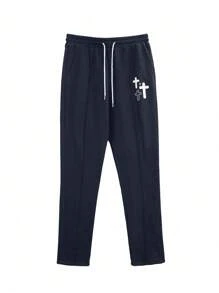 Manfinity EMRG Men's Cross Pattern Printed Drawstring Sweatpants Black Joggers Menmens Sweats - Navy Blue - View 3