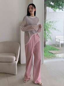 Dazy Tall 女士条纹宽松薄款针织毛衣圆领长袖秋装 - 彩色 - 查看 5