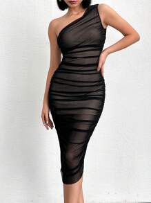 RueChic Woman Lining And Mash Detailed Full Smoked Dress - Black - View 3