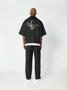 SUMWON Boxy Fit Revere Nylon Shirt With Front And Back Graphic Print - Black - View 4