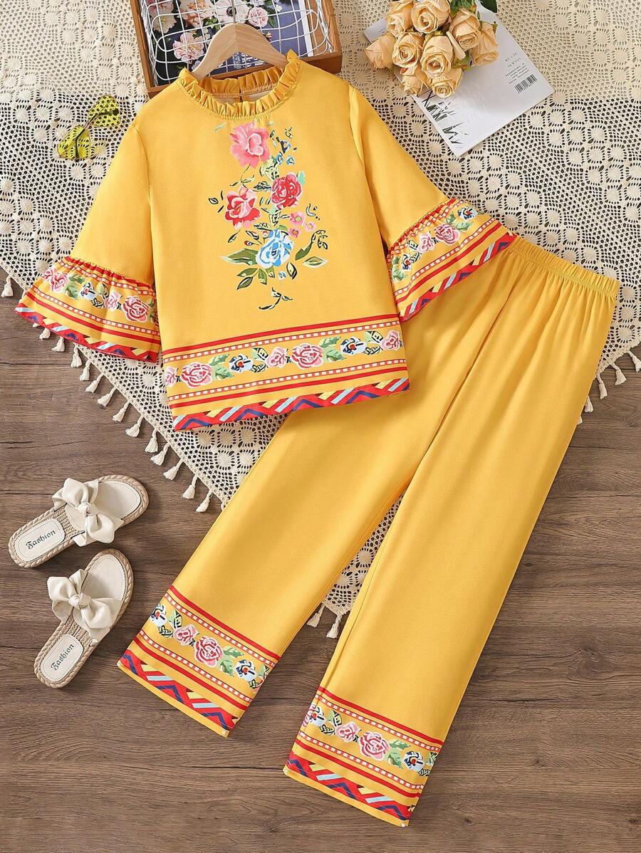 少女春夏短袖印花上衣長褲度假套裝 - 黃色 - 查看 1