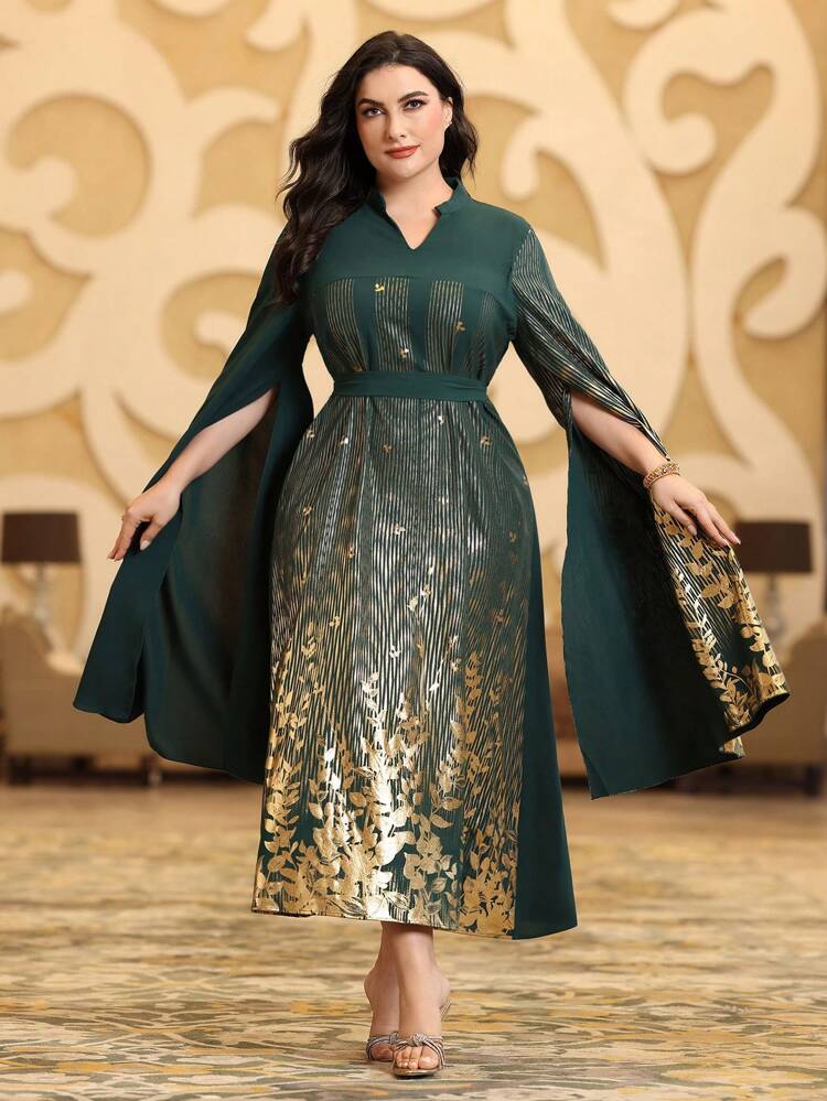 Plus Size Cape Sleeve Dress With Notched Neckline And Gold Foil Print, Elegant Luxury Evening Party Style Kaftan Jalabiya Dress