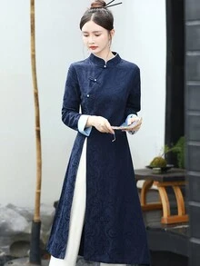 改良版漢服風旗袍上衣 - 女性旗袍茶袍 - 新風禪意服裝 - 中式旗袍（不包含褲子） - 藍色 - 查看 5