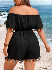 Sunnyshic Plus Size Women's Off-Shoulder Romper With Tassel Design - Black - View 3