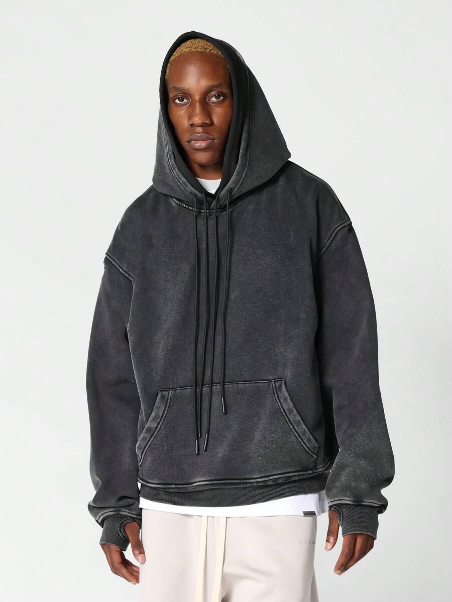 SUMWON Overhead Washed Double Hoodie With Double Cords - Black - View 1