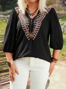 Kích thước lớn Của phụ nữ Thêu 3/4 tay áo Áo sơ mi - màu đen - Xem 5