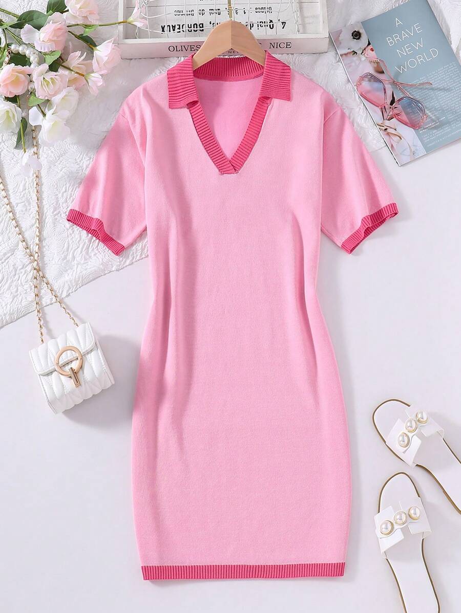 Vestido Acampanado De Manga Corta A Rayas Con Lunares Estilo Francés Para Chicas Adolescentes Con Cuello Vuelto - Rosa - Ver 1
