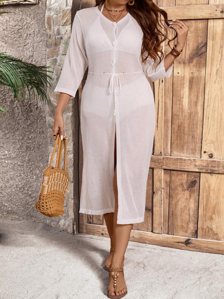 Plus Size Solid Color Drawstring Waist Cardigan