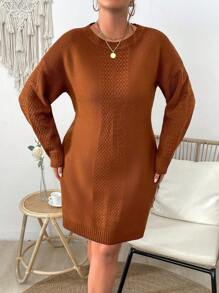 SHEIN LUNE Vestido Tipo Suéter Casual Con Hombros Caídos Y Color Sólido De Talla Grande - Óxido marrón - Ver 3