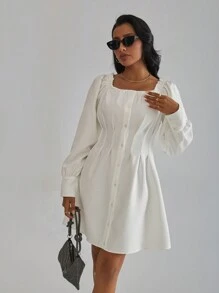 GENKIRA Women's Square Neck Long Sleeve Dress Without Belt - White - View 4