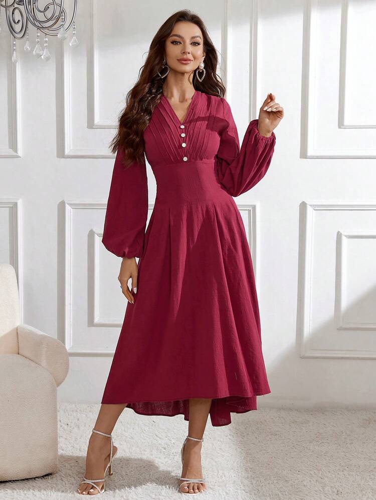 Burgundy Red Women's Lantern Sleeve Dress With V-Neckline And Button Decor Long Evening Dresses
