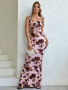 PARTHEA Printed Tie-Up Off-Shoulder Mermaid Maxi Formal Dress - Baby Pink - View 5