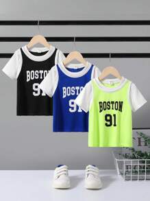 SHEIN Young Boy's Sports Round Neck Short Sleeve 2 In 1 T-Shirt With Letter Pattern - Multicolor - View 1