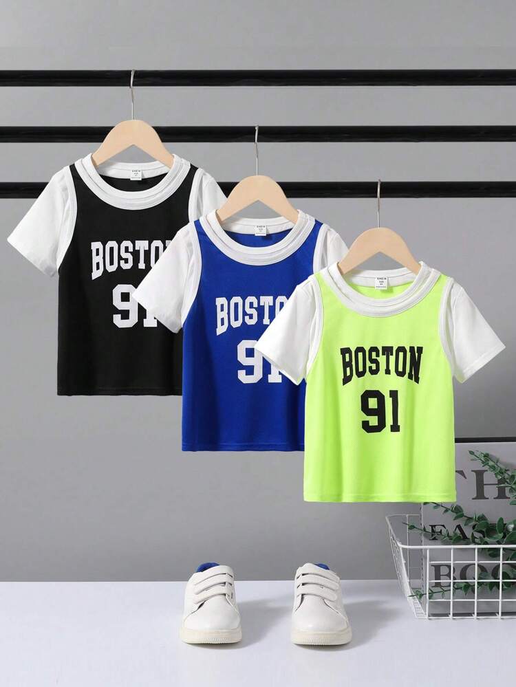 Young Boy's Sports Round Neck Short Sleeve 2 In 1 T-Shirt With Letter Pattern