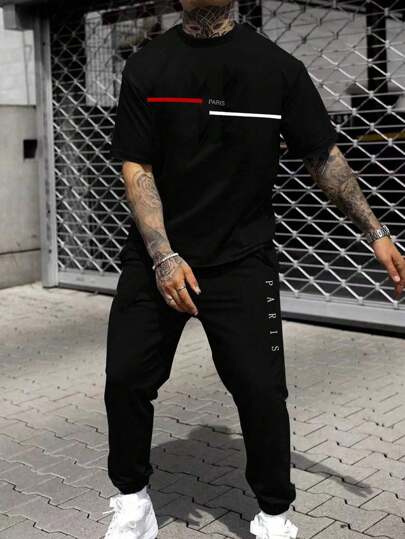 Manfinity LEGND Men's Plus Size Casual Letter Paris Printed Short Sleeve T-Shirt And Pants Going Out Set