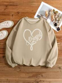 INAWLY Plus Size Women's Heart Printed Round Neck Sweatshirt Graduation,Back To School Outfits,Graduation,Teacher Outfits For Women,Back To School - Khaki - View 4