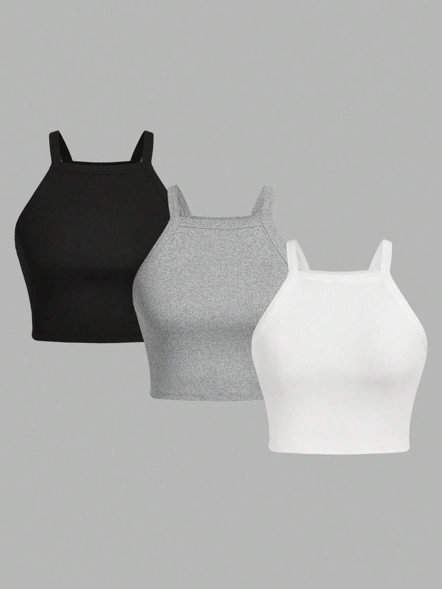 SHEIN EZwear 3入組純色短款休閒背心,夏季修身女士背心 - 彩色 - 查看 1