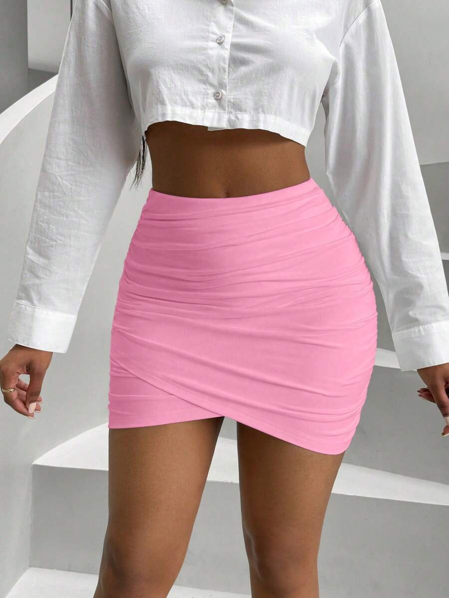 SHEIN Slayr Falda mini ajustado de cintura alta y plisada para mujer - Rosa - Ver 1