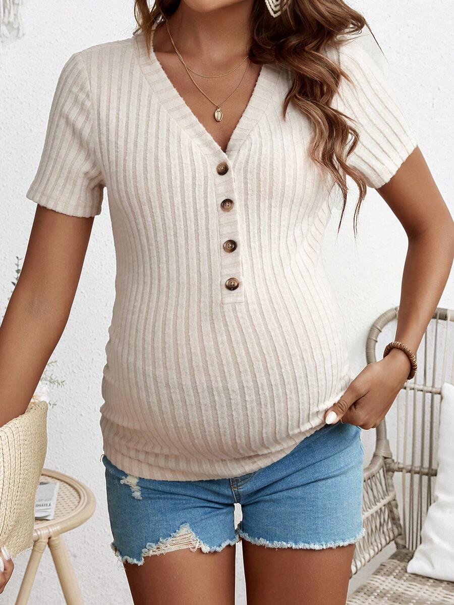 SHEIN Maternity Vacation Style V-Neck Long T-Shirt - Khaki - View 1