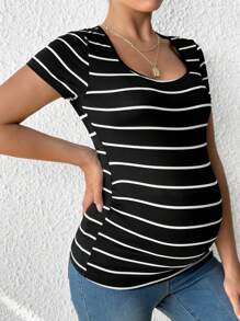 SHEIN Maternity Slim-Fit Striped T-Shirt - Black and White - View 4
