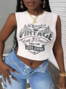 Slaydiva Casual Street Sexy Music Festival Round Neck Side Hollow Pattern Short Slim High Elastic Tank Top /Graphic Tees Women/Graphic Tees/Graphic Tee/Women's Tank Top Suitable For Summer - White - View 7