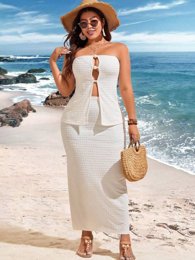 Plus Size Hollowed Out Texture Bandeau Top And Knit Bodycon Skirt With Side Split Two Pieces Set