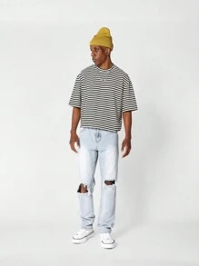 SUMWON 短款条纹短袖 T 恤 - 黑色 - 查看 3