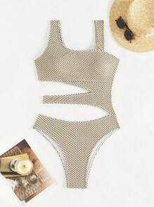 SHEIN Swim Women's One-Piece Swimsuit With Hollow Grid Pattern Summer