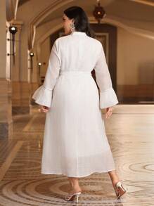 Al Najma Plus Size Floral Sequin Notch Neck Bell Sleeve Dress Kaftan Jalabiya Dress - White - View 2