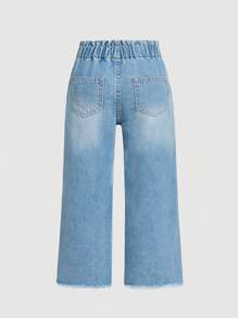 SHEIN Jeans en denim délavé bleu clair pour filles, avec une nouvelle ceinture élastique volantée pour l'été printemps